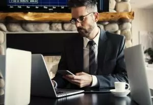 Businessman using a laptop at work